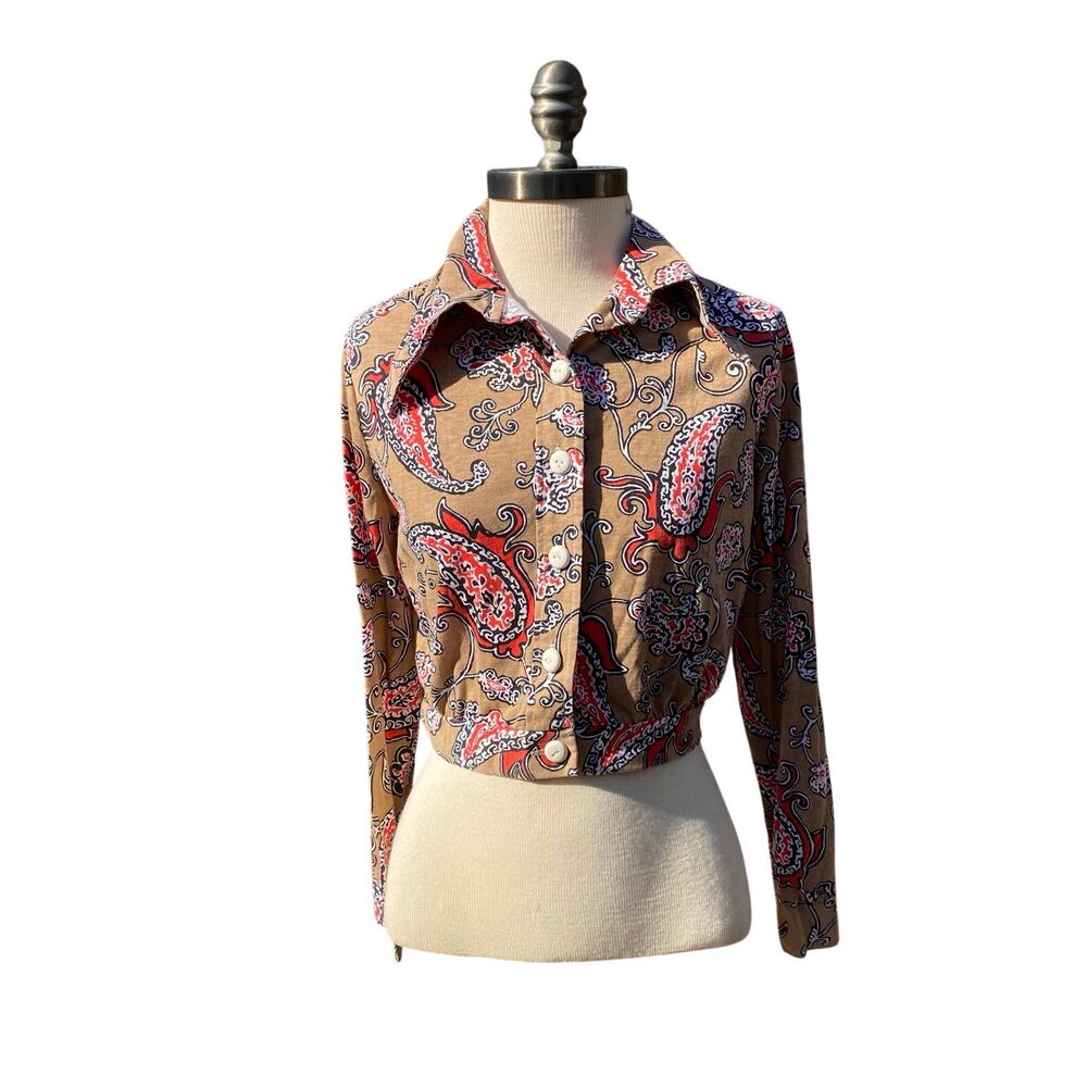 Vintage JcPenny Paisley Print Button Up Cropped Shirt Size Medium Brown red